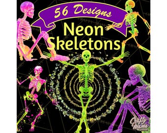 56 Png, Neon Skeleton Clipart PNG, Patterned Skull Clip Art, Vibrant Printable Skeleton Art, Halloween Party Decor, Spooky PNG Graphics