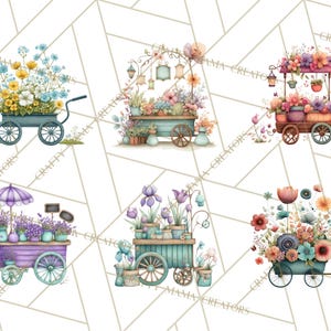 K&ouml;nnte beinhalten: Aquarellillustrationen von Blumenwagen in verschiedenen Designs. Jeder Wagen ist mit bunten Blumen und Pflanzen gef&uuml;llt. Die Wagen sind in Blau-, Lila- und Braunt&ouml;nen gehalten und weisen Details wie Sonnenschirme und H&auml;ngelaternen auf.