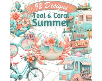 Coral and Aqua Summer Clipart PNG, Tropical Beach Clip Art, Cute Pastel Summer Graphics, Coastal Vacation Illustrations, Retro Ocean Art