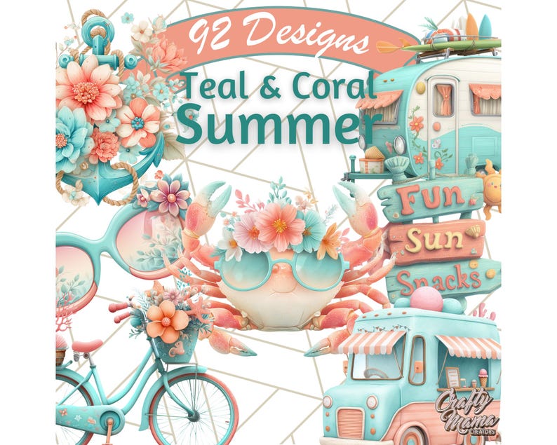 May include: Teal and coral summer themed digital clipart set with 92 designs. Includes a crab wearing sunglasses, a vintage camper, a bicycle, a food truck, and floral elements.