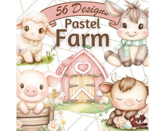 Pastel Farm Nursery PNG Clipart, Cute Baby Farm Animals and Farmhouse Elements Clip Art, Soft Country Baby Shower and Nursery Graphics