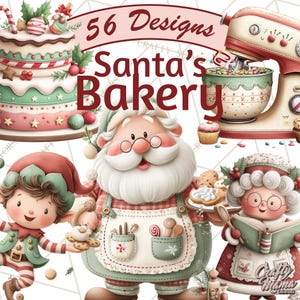 May include: A digital illustration titled "Santa's Bakery" featuring Santa Claus, Mrs. Claus, and an elf, all in aprons. The image includes a cake, a mixer, and baked goods. The text "56 Designs" and "Santa's Bakery" are displayed.
