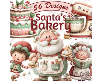 56 PNG, imágenes prediseñadas de la panadería de Santa, imágenes prediseñadas de repostería navideña, PNG de dulces navideños, imágenes prediseñadas de pan de jengibre, gráficos de cocina, ilustración imprimible