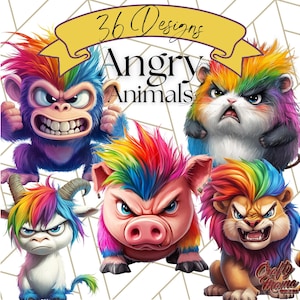 Angry Animals Clipart Bundle, Digital PNGs, Rainbow Hair Cartoon Animals, Grumpy Animal Graphics, Sublimation Clipart, Instant Download