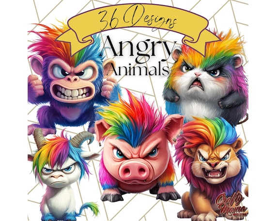 Angry Animals Clipart Bundle, Digital PNGs, Rainbow Hair Cartoon Animals, Grumpy Animal Graphics, Sublimation Clipart, Instant Download