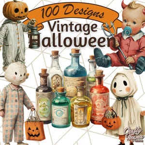 Vintage Halloween Clipart PNG, Mid Century Halloween Clip Art, Retro Pumpkin Ghost Cat Witch Skeleton, 1950s Halloween PNG Graphics