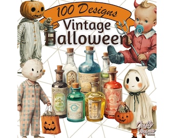 May include: A digital illustration featuring vintage Halloween designs. The image includes various potion bottles, costumed figures, and the text "100 Designs Vintage Halloween". The color palette includes orange, blue, green, and brown.