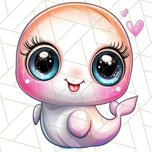 Pu&ograve; includere: Un'illustrazione di un delfino rosa e bianco con grandi occhi blu e un blush rosa. Il delfino sorride con la lingua di fuori. Due cuori rosa sono sullo sfondo.