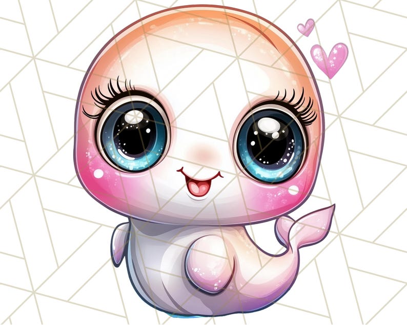 Pu&ograve; includere: Un'illustrazione di un delfino rosa e bianco con grandi occhi blu e un blush rosa. Il delfino sorride con la lingua di fuori. Due cuori rosa sono sullo sfondo.