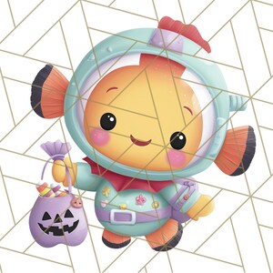May include: A cartoon illustration of a smiling orange fish wearing a teal astronaut helmet and suit, holding a purple jack-o'-lantern bag filled with candy. The background features a geometric pattern.