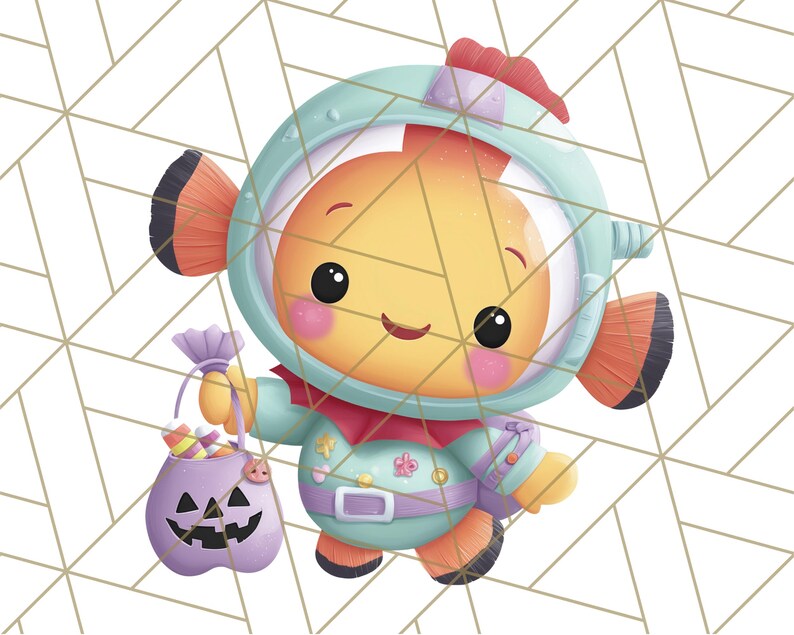 May include: A cartoon illustration of a smiling orange fish wearing a teal astronaut helmet and suit, holding a purple jack-o'-lantern bag filled with candy. The background features a geometric pattern.