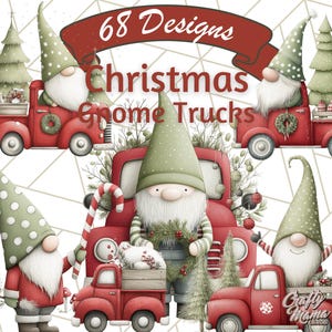 May include: Watercolor illustration featuring multiple red trucks with Christmas gnomes. The gnomes wear green hats and red coats. The image includes text that reads "68 Designs Christmas Gnome Trucks".