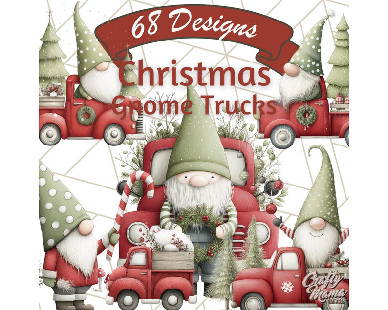May include: Watercolor illustration featuring multiple red trucks with Christmas gnomes. The gnomes wear green hats and red coats. The image includes text that reads "68 Designs Christmas Gnome Trucks".