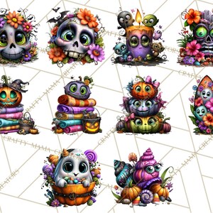 May include: A collection of whimsical Halloween-themed illustrations. The images feature cartoon skulls, pumpkins, candles, and ghosts, all adorned with flowers and vibrant colors. Each design has a unique, playful style, perfect for seasonal crafts and decorations.