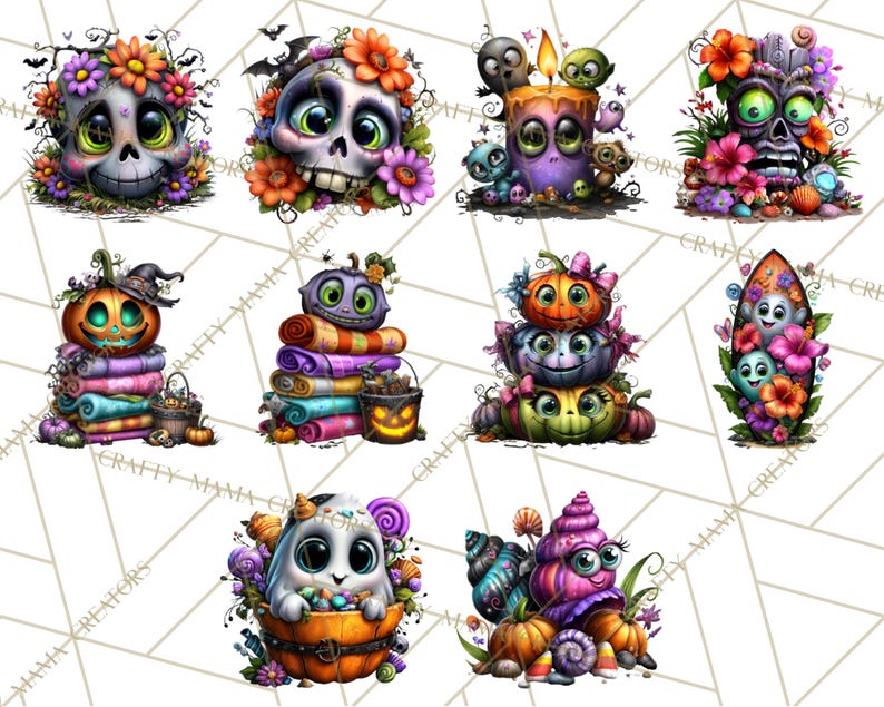 May include: A collection of whimsical Halloween-themed illustrations. The images feature cartoon skulls, pumpkins, candles, and ghosts, all adorned with flowers and vibrant colors. Each design has a unique, playful style, perfect for seasonal crafts and decorations.