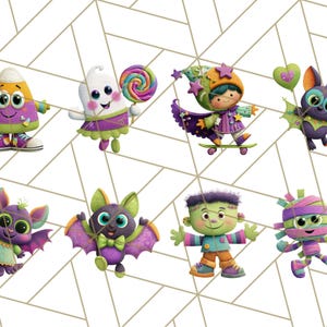 May include: A collection of eight Halloween-themed cartoon characters. The characters include a candy corn, a ghost, a witch, a bat, a Frankenstein's monster, and a mummy. Each character is holding a lollipop or a heart-shaped balloon. The characters are in various colors.