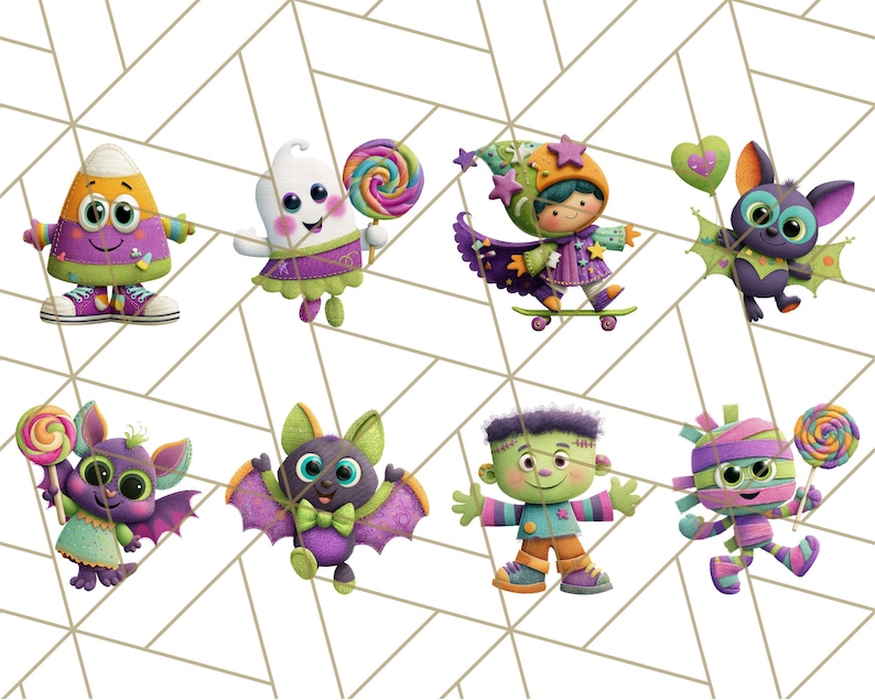 May include: A collection of eight Halloween-themed cartoon characters. The characters include a candy corn, a ghost, a witch, a bat, a Frankenstein's monster, and a mummy. Each character is holding a lollipop or a heart-shaped balloon. The characters are in various colors.
