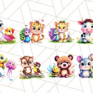 May include: A set of eight colorful cartoon animal illustrations featuring a penguin, tiger, cow, turtle, squirrel, bear, mouse, and a variety of birds. Each animal is paired with a smaller animal friend.