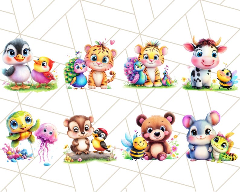 May include: A set of eight colorful cartoon animal illustrations featuring a penguin, tiger, cow, turtle, squirrel, bear, mouse, and a variety of birds. Each animal is paired with a smaller animal friend.