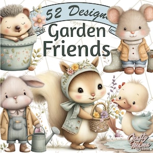 May include: A watercolour illustration of cute garden-themed animals. The image shows a hedgehog, mouse, bunny, squirrel, and duck, all dressed in charming outfits. Text reads "52 Designs Garden Friends."