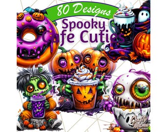 80 PNG, Imágenes prediseñadas de Halloween de cafés espeluznantes, Monstruos fantasmas kawaii de café, Arte latte espeluznante, Bebidas y dulces pastel, Imágenes prediseñadas