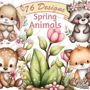 May include: Digital illustration featuring a bunny, raccoon, deer, and fox, surrounded by flowers and foliage. The text "76 Designs Spring Animals" is displayed at the top. The style is soft and whimsical, with pastel colors.