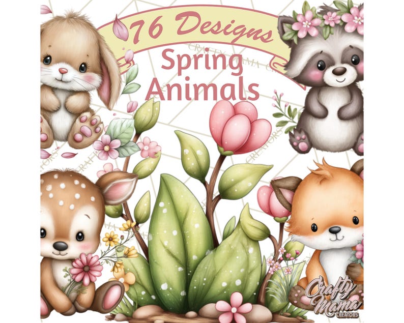 May include: Digital illustration of spring animals including a bunny, raccoon, deer, and fox, with flowers and leaves. The text reads "76 Designs Spring Animals". The artwork uses soft pastel colours and a whimsical style.