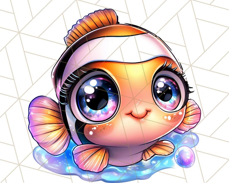 Pu&ograve; includere: Un'illustrazione di un pesce pagliaccio con grandi occhi blu scintillanti e una bocca rosa sorridente. Il pesce &egrave; arancione e bianco con una striscia nera e nuota in uno sfondo blu e viola simile all'acqua.