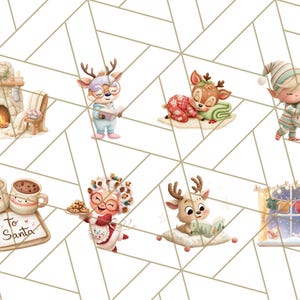 May include: A whimsical illustration featuring various Christmas-themed characters. Includes a fireplace, a sleeping deer, an elf, mugs of hot chocolate, a deer reading, and a window scene. The characters are set against a geometric background, creating a festive and charming design.