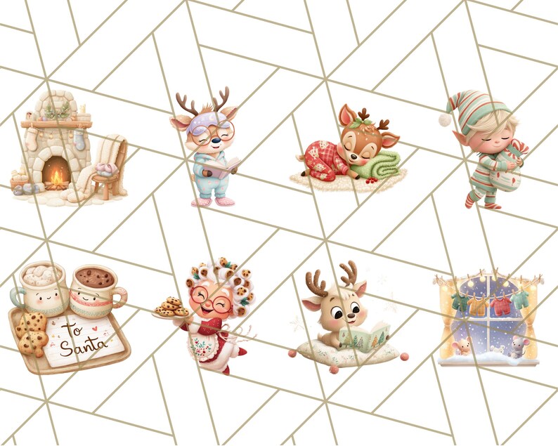 May include: A whimsical illustration featuring various Christmas-themed characters. Includes a fireplace, a sleeping deer, an elf, mugs of hot chocolate, a deer reading, and a window scene. The characters are set against a geometric background, creating a festive and charming design.