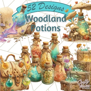 Könnte beinhalten: Aquarellillustration verschiedener Waldtrank-Designs in Glasflaschen mit Korken. Das Bild enthält eine Schriftrolle, Pilze und eine Holzkiste. Der Text lautet "52 Designs Woodland Potions."