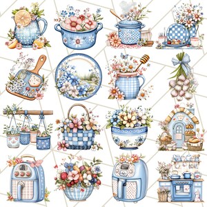 Blå Cottagecore kök Clipart, blommig kök PNG, vintage köksredskap, rustika rätter, lantliga matlagningselement, mysig köksinredning bild 4