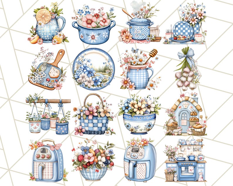 Blå Cottagecore kök Clipart, blommig kök PNG, vintage köksredskap, rustika rätter, lantliga matlagningselement, mysig köksinredning bild 4