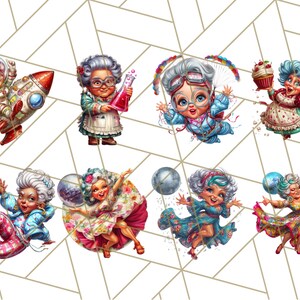 May include: A collection of whimsical illustrations featuring a cartoon elderly woman in various scenarios. She is depicted with gray hair and glasses, engaging in activities like space travel, science experiments, and dancing, all against a geometric background.