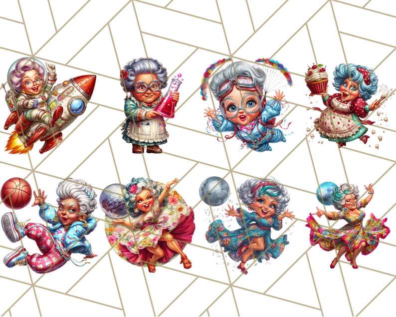 May include: A collection of whimsical illustrations featuring a cartoon elderly woman in various scenarios. She is depicted with gray hair and glasses, engaging in activities like space travel, science experiments, and dancing, all against a geometric background.
