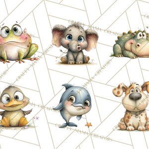 Pu&ograve; includere: Illustrazioni ad acquerello di sei adorabili cuccioli: una rana, un elefante, un alligatore, un'anatra, un delfino e un cane. Ogni animale ha grandi occhi ed &egrave; raffigurato in uno stile carino e cartoonesco. Lo sfondo &egrave; un motivo geometrico.