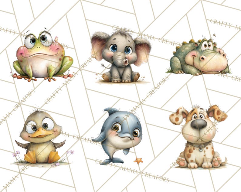 Pu&ograve; includere: Illustrazioni ad acquerello di sei adorabili cuccioli: una rana, un elefante, un alligatore, un'anatra, un delfino e un cane. Ogni animale ha grandi occhi ed &egrave; raffigurato in uno stile carino e cartoonesco. Lo sfondo &egrave; un motivo geometrico.