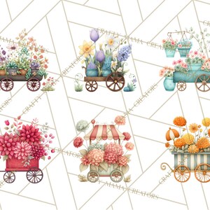 K&ouml;nnte beinhalten: Aquarellillustrationen von Blumenwagen in verschiedenen Stilen. Jeder Wagen ist mit bunten Bl&uuml;ten gef&uuml;llt, darunter Tulpen, G&auml;nsebl&uuml;mchen und Hortensien. Die Wagen sind in Rot-, Blau- und Oranget&ouml;nen gehalten und haben Holzr&auml;der und dekorative Details.