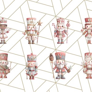 以下が含まれることがあります： さまざまなポーズの、水彩画風のくるみ割り人形のイラストが8つ集まったコレクション。くるみ割り人形は主に赤、ピンク、白の色合いで、金色のアクセントが施されています。幾何学的な金色の模様の白い背景に配置されています。星、杖、楽器などの小道具を持っているものもあります。