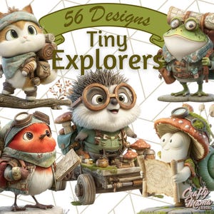 May include: Digital art featuring five anthropomorphic animal characters dressed as explorers. The characters include a cat, frog, hedgehog, bird, and mushroom. The image has the text "56 Designs Tiny Explorers" on a banner. The characters are holding maps and wearing goggles.