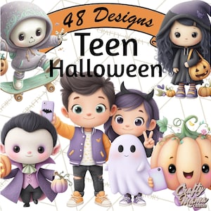 Peut inclure: Illustration num&eacute;rique avec des personnages de dessins anim&eacute;s en costumes d'Halloween. L'image comprend un squelette sur un skateboard, un vampire, une sorci&egrave;re, un fant&ocirc;me et une citrouille. Le texte indique "48 Designs Teen Halloween."