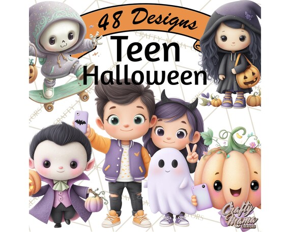 48 Png, Teen Halloween PNG Clipart Bundle, Spooky Teenagers Clip Art, Halloween Party Characters, Cute Halloween Graphics, Digital Download