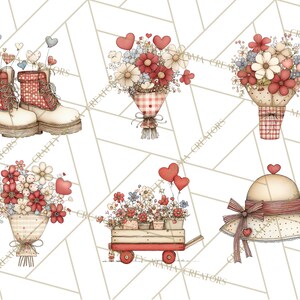 May include: Watercolor illustrations of Valentine's Day themed items. Includes red and white boots, bouquets of flowers, a red wagon with flowers, and a sun hat. The items are decorated with hearts and gingham patterns.