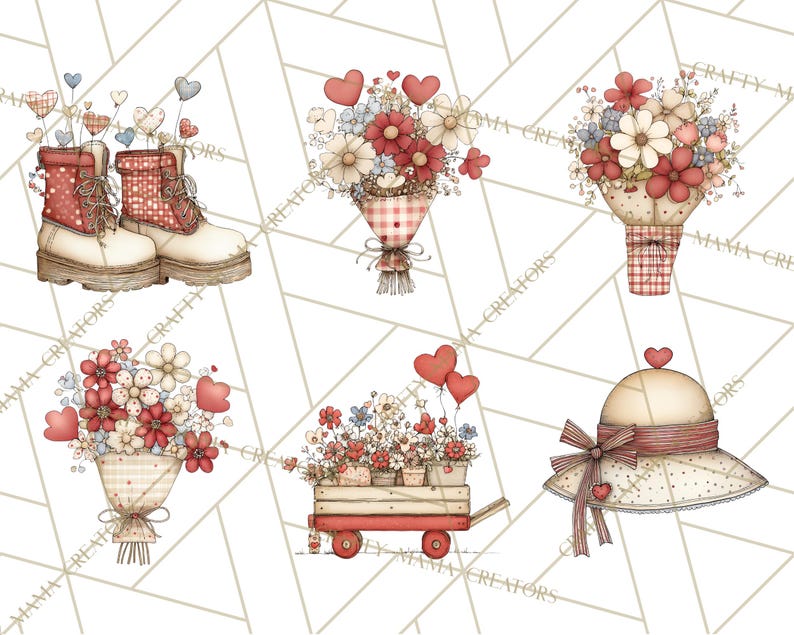 May include: Watercolor illustrations of Valentine's Day themed items. Includes red and white boots, bouquets of flowers, a red wagon with flowers, and a sun hat. The items are decorated with hearts and gingham patterns.