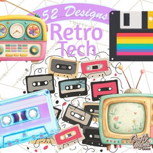 May include: A collection of retro tech illustrations, including a radio, television, cassette tapes, and a floppy disk. The image features the text "52 Designs Retro Tech" in a decorative font, with a white background and black and pink accents.