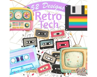 52 png, retro-tech clipart, vintage elektronica png, oude tv-cassettetape diskette, jaren 80/90 gadgets illustraties, minimale digitale downloads