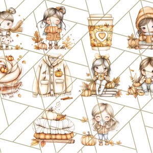 Pode incluir: Um conjunto de ilustra&ccedil;&otilde;es digitais com meninas fofas em roupas de outono, segurando x&iacute;caras de caf&eacute; e ab&oacute;boras. As ilustra&ccedil;&otilde;es s&atilde;o perfeitas para projetos de artesanato de outono, scrapbooking e design digital.