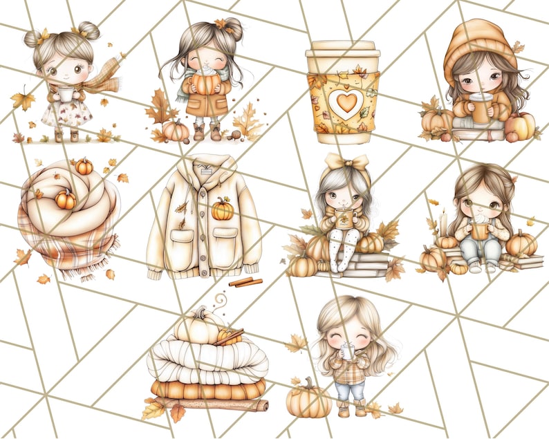 Pode incluir: Um conjunto de ilustra&ccedil;&otilde;es digitais com meninas fofas em roupas de outono, segurando x&iacute;caras de caf&eacute; e ab&oacute;boras. As ilustra&ccedil;&otilde;es s&atilde;o perfeitas para projetos de artesanato de outono, scrapbooking e design digital.