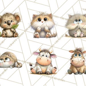 Pu&ograve; includere: Una collezione di sei adorabili illustrazioni di animali dei cartoni animati. Gli animali includono un koala con una foglia, due gatti, una mucca e un asino. Ogni animale &egrave; raffigurato con grandi occhi e un aspetto morbido e soffice, su uno sfondo geometrico.