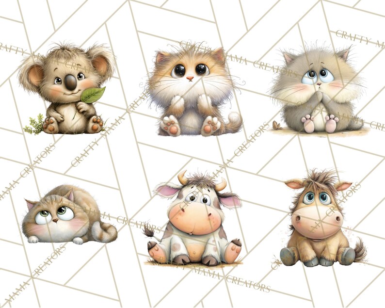 Pu&ograve; includere: Una collezione di sei adorabili illustrazioni di animali dei cartoni animati. Gli animali includono un koala con una foglia, due gatti, una mucca e un asino. Ogni animale &egrave; raffigurato con grandi occhi e un aspetto morbido e soffice, su uno sfondo geometrico.